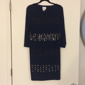 Navy Sheath Dress with Silver Sequins and Studs